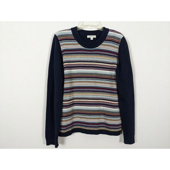 Orvis long‎ sleeve blue with multi colored stripes and shoulder pads women sz L - Picture 1 of 9